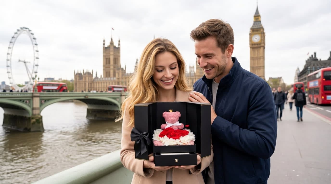 Junges Paar in London mit der Jahrestag Überraschung in London