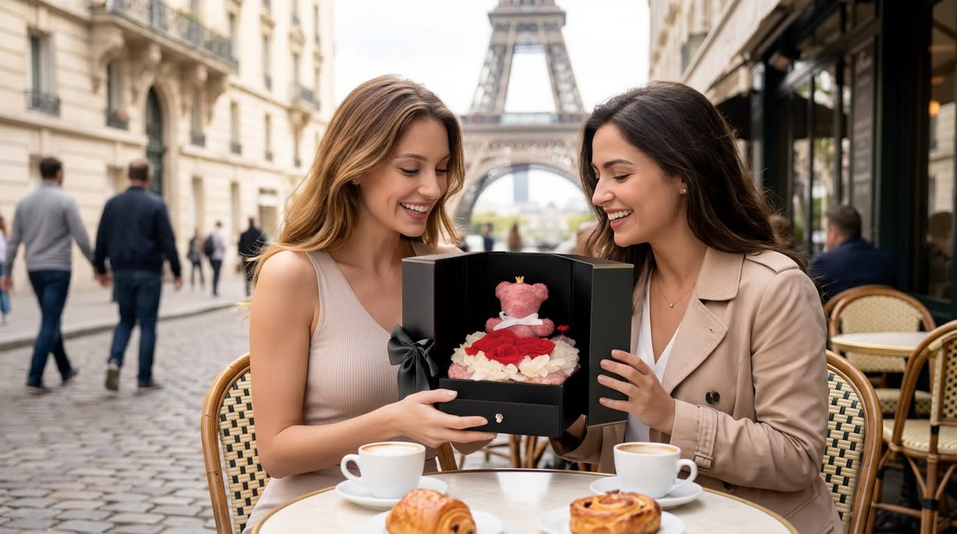 Das romantischste Jahrestag Geschenk – BoxBloom Geschenkbox mit Rosen Glückliches Paar beim Auspacken der romantischen Jahrestag-Geschenkbox – emotionaler Geschenkmoment zum 1. Jahrestag