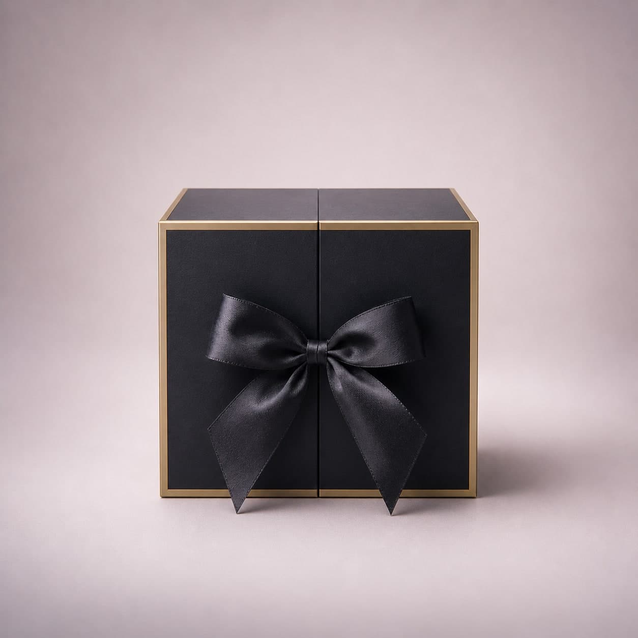 Die Jahrestag-Geschenkbox – erster Eindruck Luxuriöse Jahrestag-Geschenkbox geschlossen mit schwarzer Satinschleife – romantisches Geschenk für sie